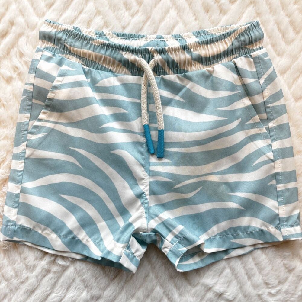 Mon Coeur Toddler Swim Trunks 12-18M Blue Zebra Stripe Eco UPF 50 Shorts NWT